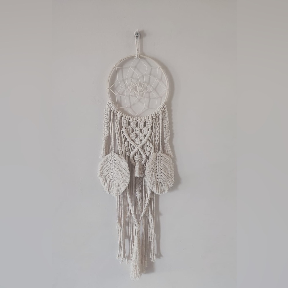 Handmade Bamboo White Macrame Dream Catcher 29" Hanging Length Boho Home Decor